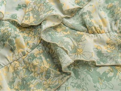 2025 Summer New Green Floral French Tea Break Seaside Vacation Long Dress R0975