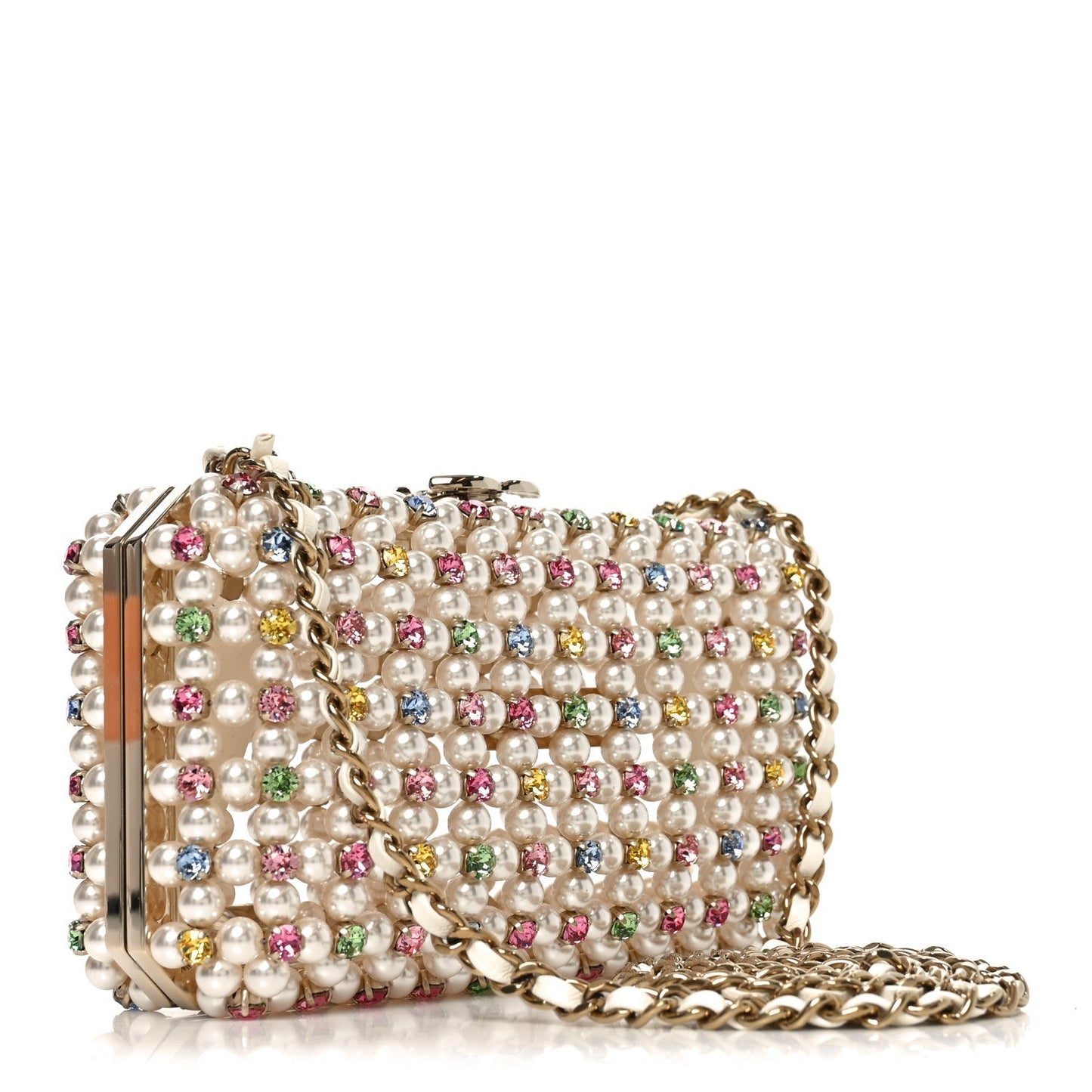 Metal Pearl Minaudiere CC Evening Bag White Gold Multicolor