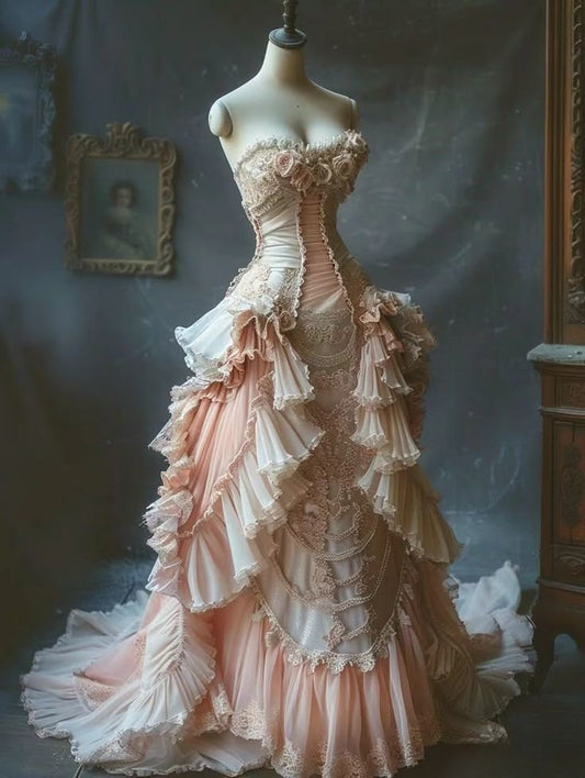 Vintage Pink Lace Ruffled Sweetheart Floral Tiered Corset Evening Gown TP5270