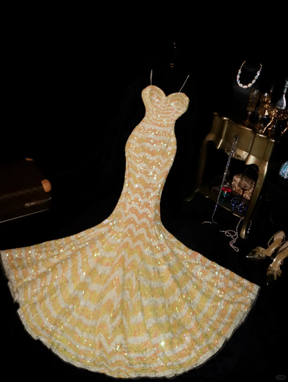 Glitzy Champagne Ombre Sequin Mermaid Spaghetti Strap Sweetheart Neckline Evening Gown TP5347