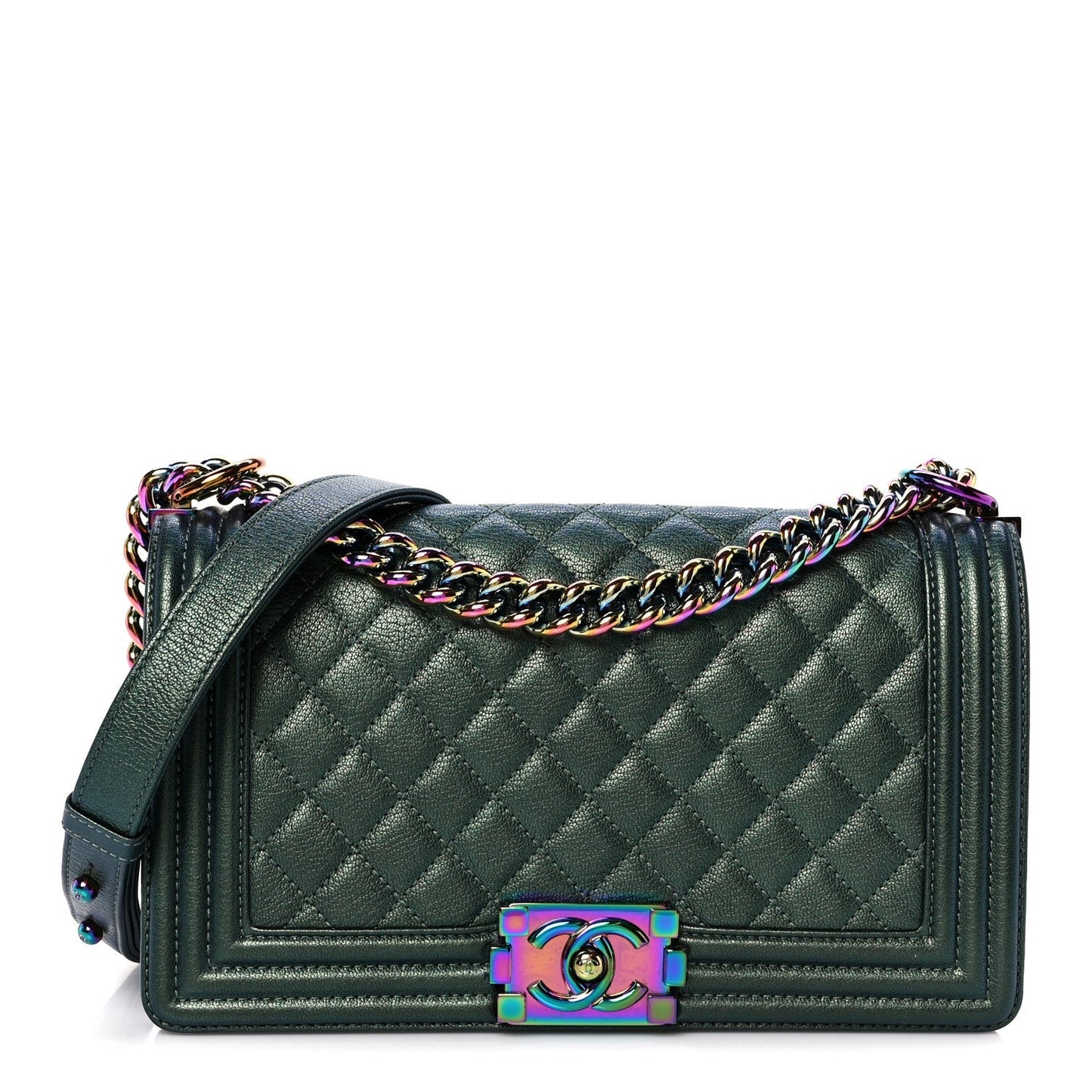 Iridescent Goatskin Quilted Medium Boy Flap Green