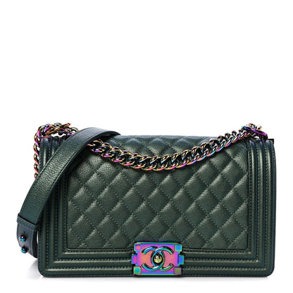 Iridescent Goatskin Quilted Medium Boy Flap Green