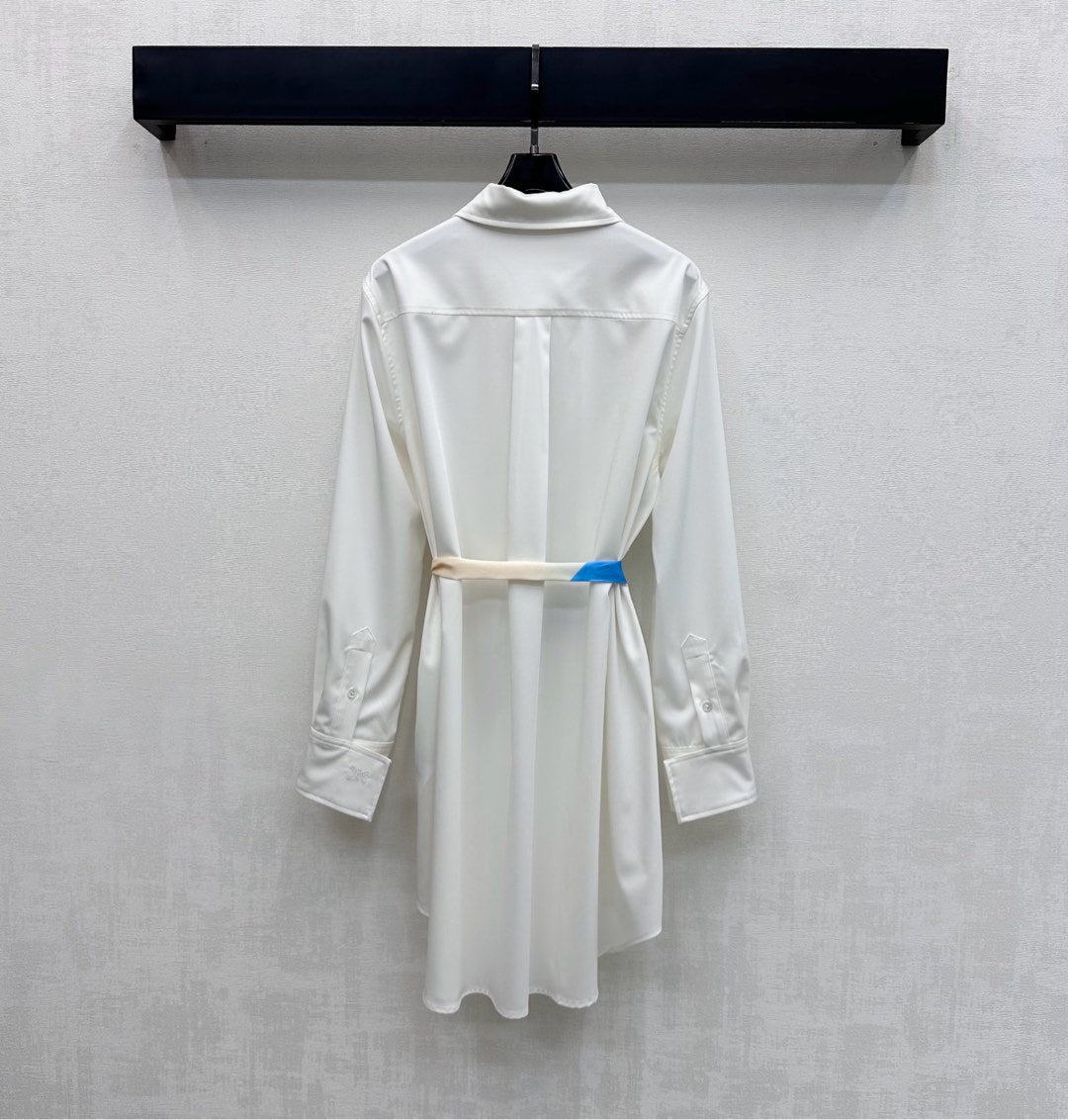 Celine Long Silk Scarf Shirt Dress White Cotton 351803