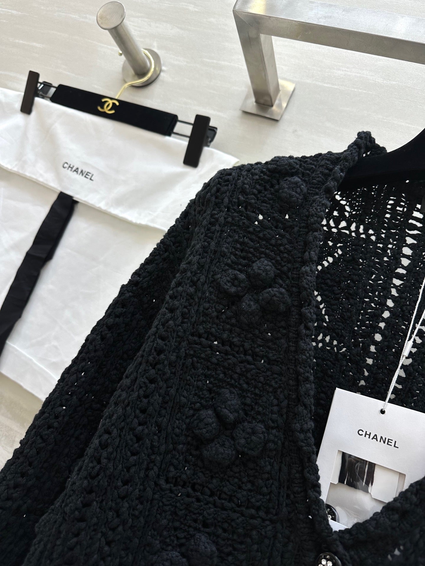 CC Openwork Crochet Knit Cardigan Black Cotton 346493