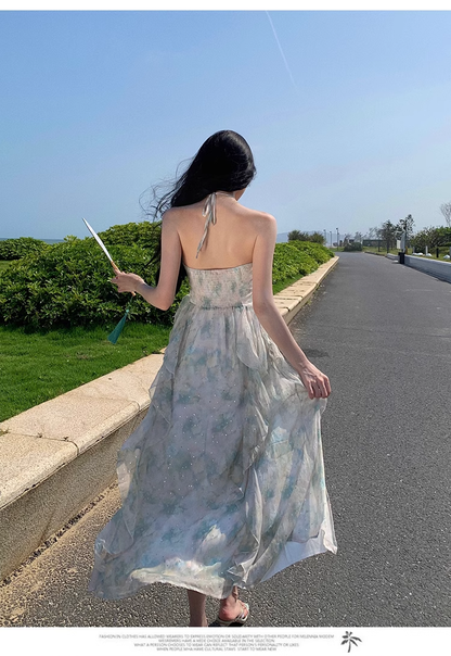 Simple Fashion Women Floaral Design Beach Holiday Halter Dress TP3074