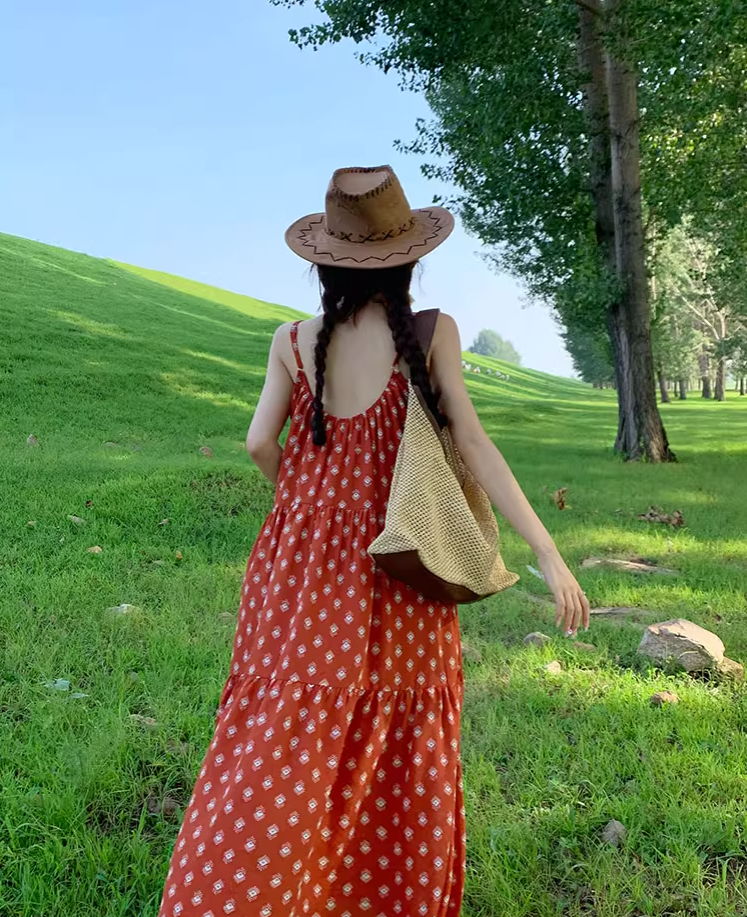 Beach holiday dress travel wear chiffon retro red dress floral loose suspender beach dress R1599