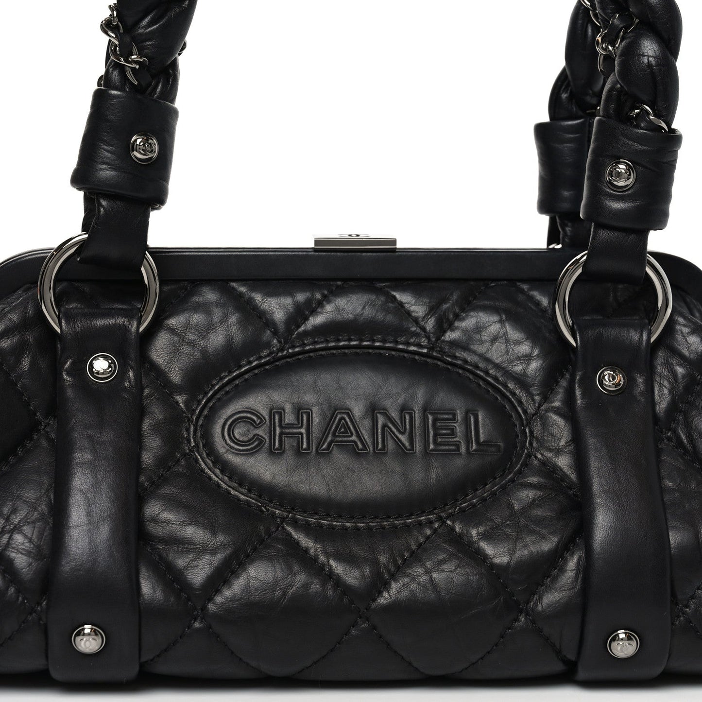 Distressed Lambskin Lady Braid Frame Bowler Black