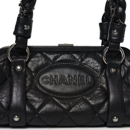 Distressed Lambskin Lady Braid Frame Bowler Black