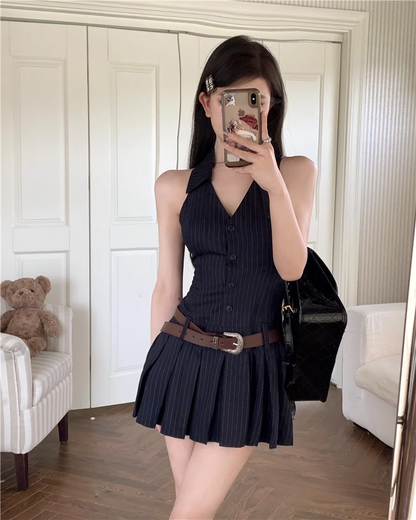 Simple Navy Blue Striped Design V-neck A-line Halter Dress TP3314