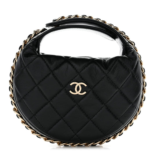Lambskin Quilted Chain Around Pouch Black