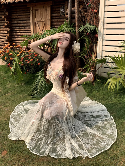 Fairy V-neck suspender dress heavy three-dimensional flower lace embroidery fishtail long skirt R1749