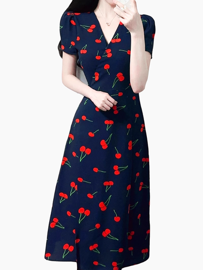 2025 Summer New Black V-neck Short Sleeve Cherry Print Wrap Long Dress R0920