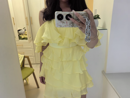 Fashion Yellow Strapless Ruffled Hem Design A-line Tiered Party Dresses Homecoming Dresses, TP3843