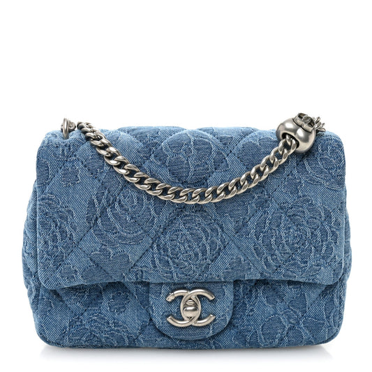 Denim Quilted Camellia Sweetheart Mini Flap Blue