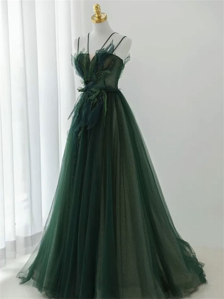 Ball Gown Spaghetti Straps Floor Length Dark Green Long Prom Dresses B008