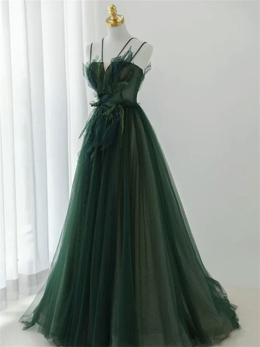 Ball Gown Spaghetti Straps Floor Length Dark Green Long Prom Dresses B008