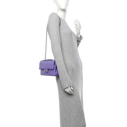 Lambskin Chevron Quilted Small Double Flap Purple