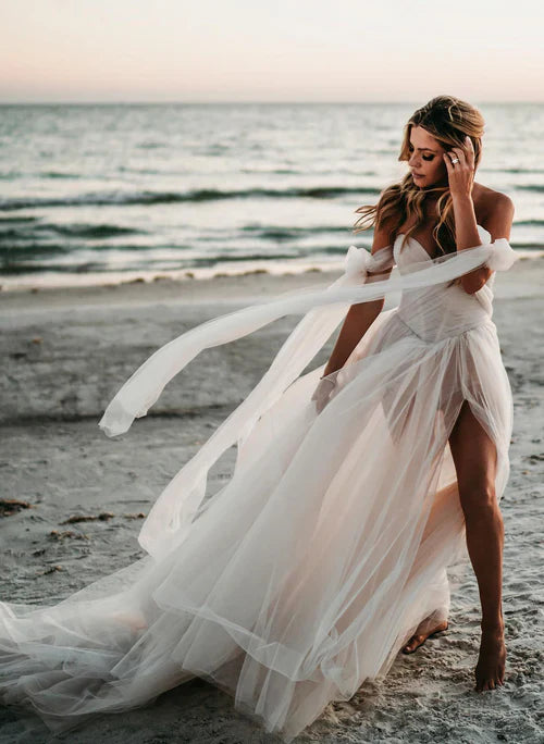 omberprom Elegant Beach Pleated Tulle Off-The-Shoulder A-Line Wedding Dresses With Slit