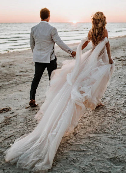 omberprom Elegant Beach Pleated Tulle Off-The-Shoulder A-Line Wedding Dresses With Slit