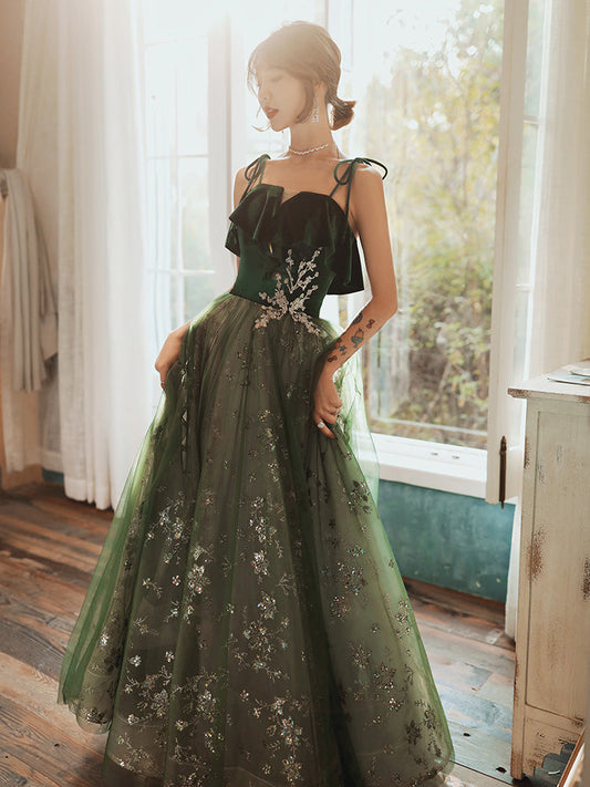 Beautiful Dark Green Straps Tulle With Velvet Prom Dress, Green Prom Gowns Prom Dresses
