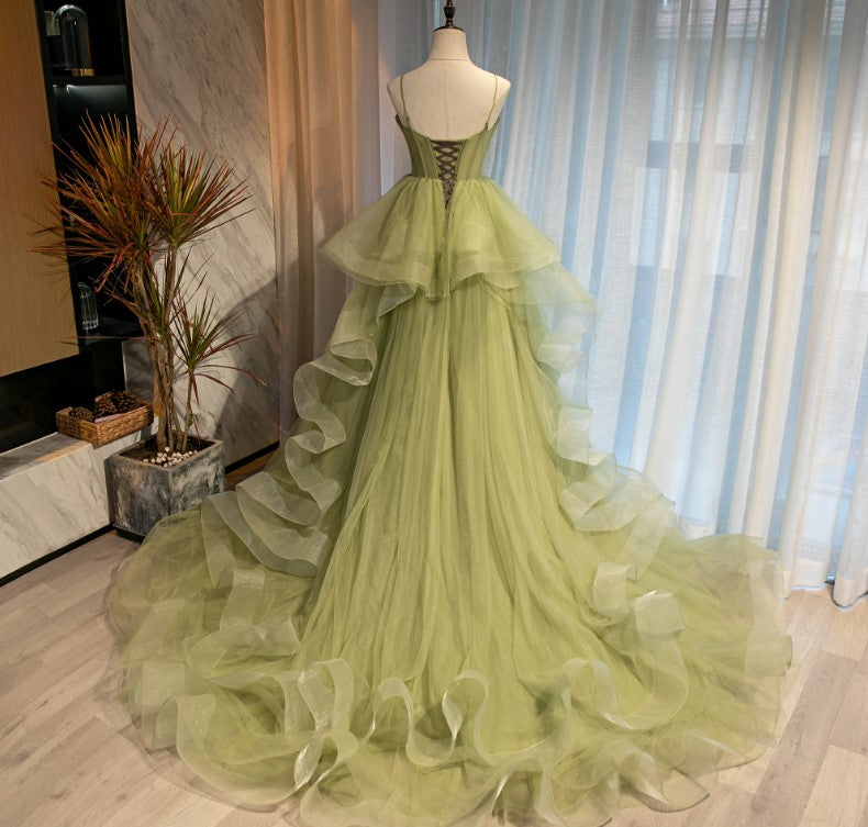 Beautiful Light Green Sweetheart Layers Princess Prom Gowns, Green Tulle Long Prom Dresses