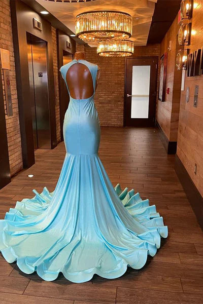 Vintage Glittering Beaded Prom Dress Sky Blue Evening Gown Mermaid Party Dress Long Formal Dress TP4861