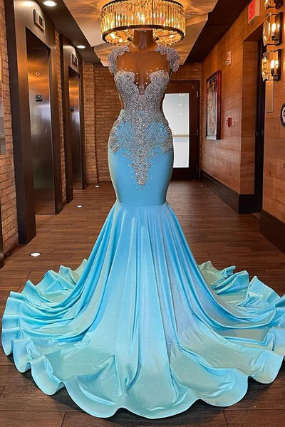Vintage Glittering Beaded Prom Dress Sky Blue Evening Gown Mermaid Party Dress Long Formal Dress TP4861