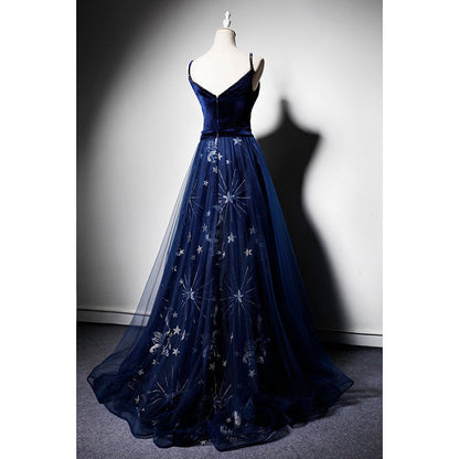 Beautiful Navy Blue Straps Velvet Long Prom Dresses, Tulle Blue Prom Gowns