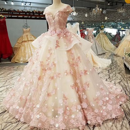 Beautiful Pink Tulle With Flowers And Beaded Long Prom Dresses, Pink Sweet 16 Gowns