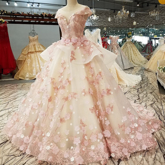 Beautiful Pink Tulle With Flowers And Beaded Long Prom Dresses, Pink Sweet 16 Gowns