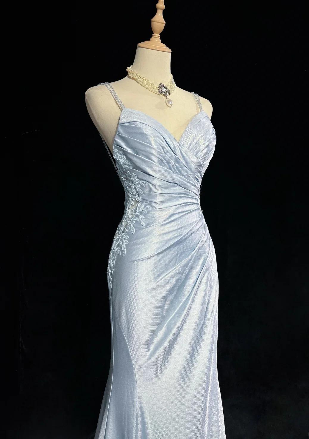 Beautiful Spaghetti Strap Mermaid Glitter Satin Long Prom Backless Applique Prom Gowns Simple Wedding Dresses