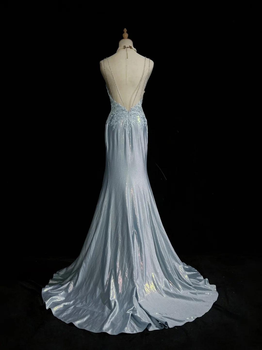 Beautiful Spaghetti Strap Mermaid Glitter Satin Long Prom Backless Applique Prom Gowns Simple Wedding Dresses