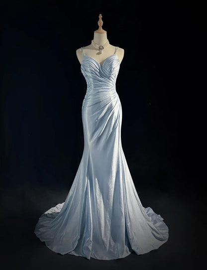 Beautiful Spaghetti Strap Mermaid Glitter Satin Long Prom Backless Applique Prom Gowns Simple Wedding Dresses