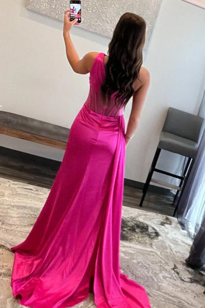 omberprom Sheath Evening Dress One Shoulder Pleated Satin Long Prom Dress