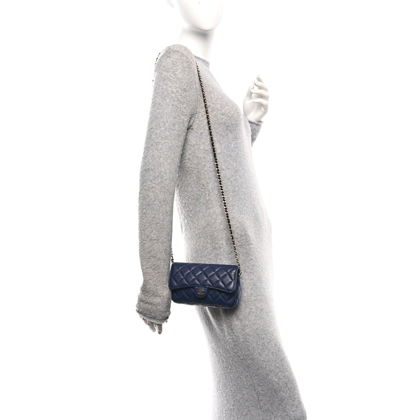 Caviar Quilted Flap Phone Holder With Chain Navy Blue
