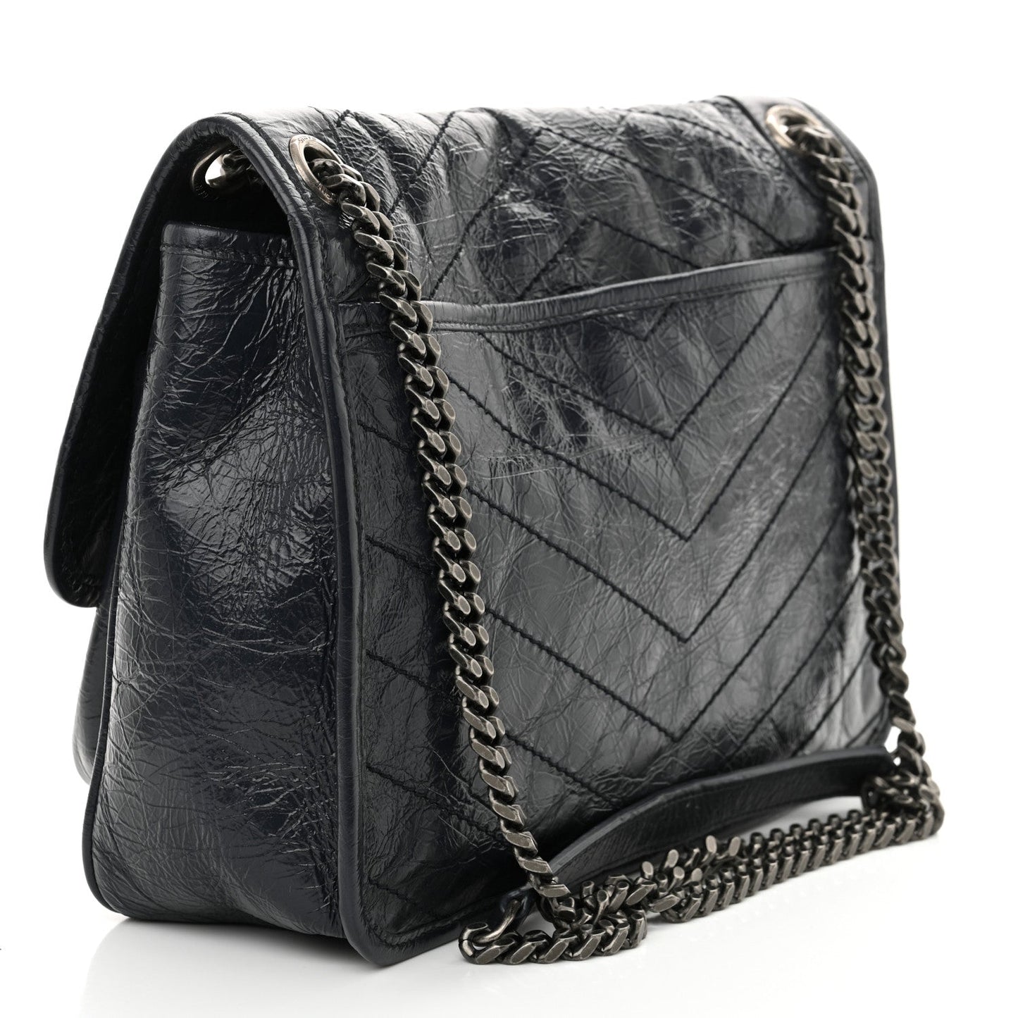Crinkled Calfskin Matelasse Monogram Medium Niki Chain Satchel Deep Marine