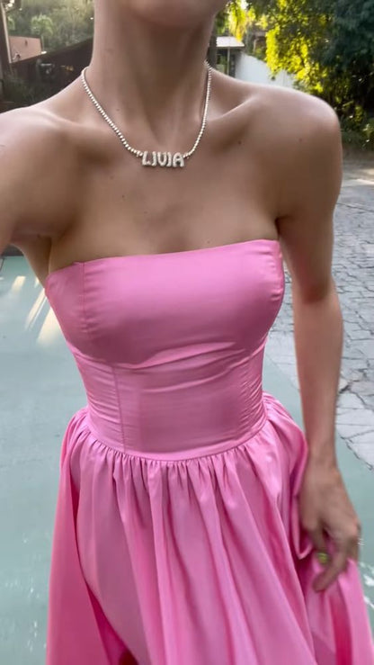 PM466,Strapless Pink Satin Prom Dresses, A-Line Split Long Prom Evening Dress