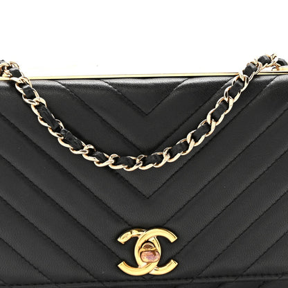 Lambskin Chevron Quilted Trendy CC Wallet On Chain WOC Black