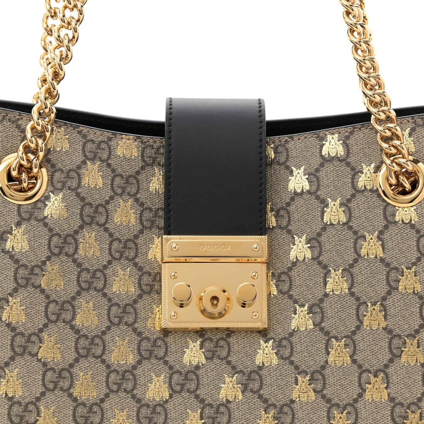 GG Supreme Monogram Bees Medium Padlock Tote Beige Oro Black