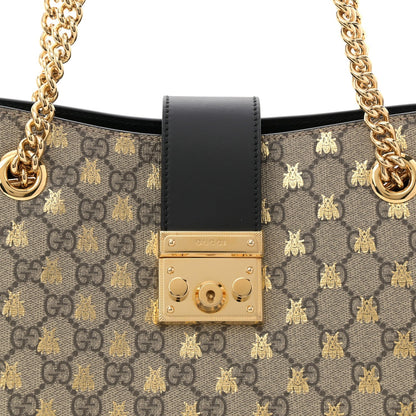 GG Supreme Monogram Bees Medium Padlock Tote Beige Oro Black