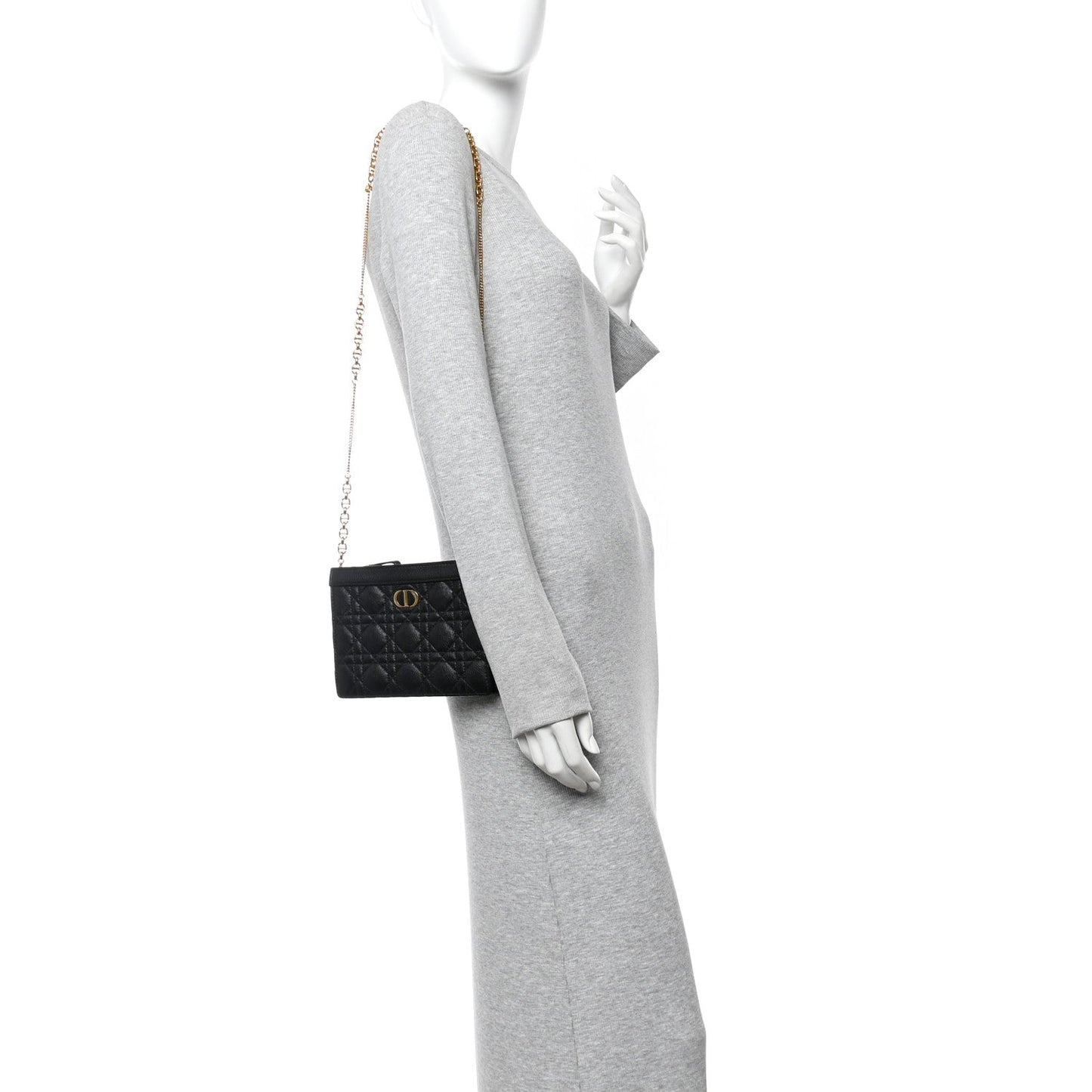 Calfskin Cannage Caro Zipped Pouch With Chain Black