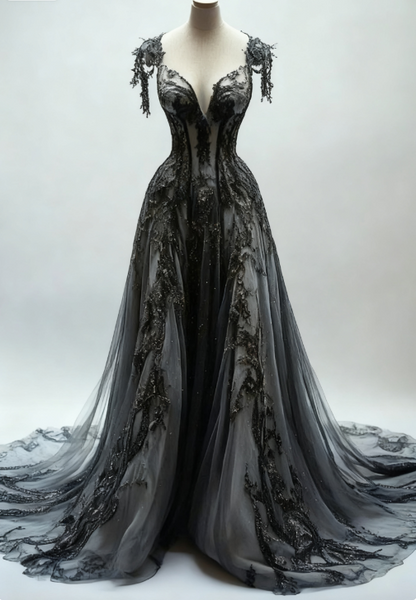 Black Appliques A-Line V-Neck Lace Tulle Sequin Long Prom Dresses, Dark Gray Prom Gown