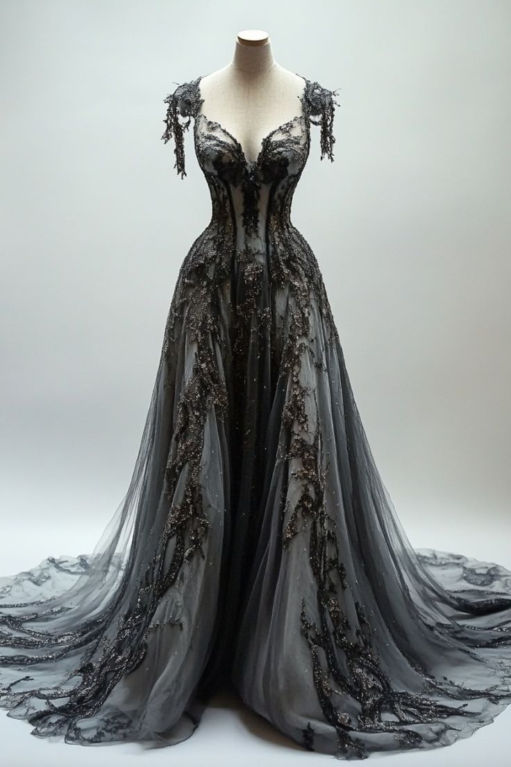 Black Appliques A-Line V-Neck Lace Tulle Sequin Long Prom Dresses, Dark Gray Prom Gown