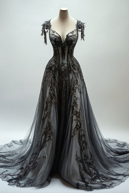 Black Appliques A-Line V-Neck Lace Tulle Sequin Long Prom Dresses, Dark Gray Prom Gown