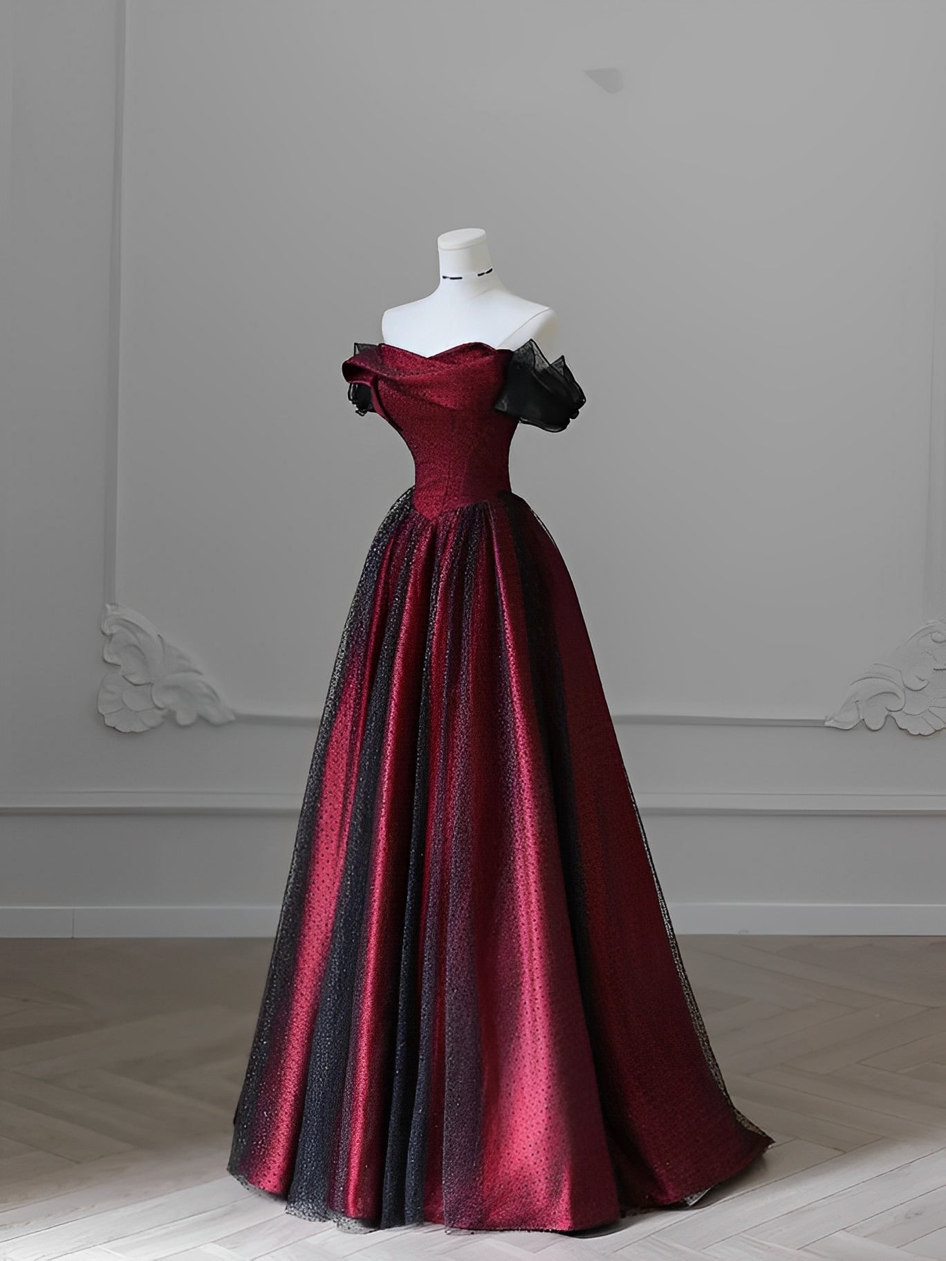 Black and Red Tulle Prom Dresses Long A-line Off Shoulder Wedding Party Gown Birthday