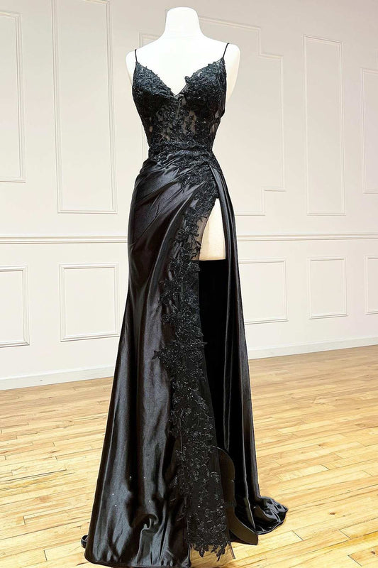 Black Appliques V-Neck Lace-Up Prom Gowns With Slit