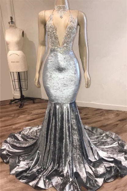 Black Girl Prom Dress Open Back Silver Velvet Prom Dresses Cheap | Mermaid Sexy V-Neck Crystals Appliques Prom Gown