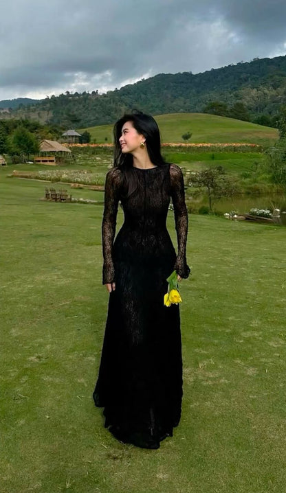 Black Lace Sexy A Line Long Sleeve Prom Dress Prom Gowns