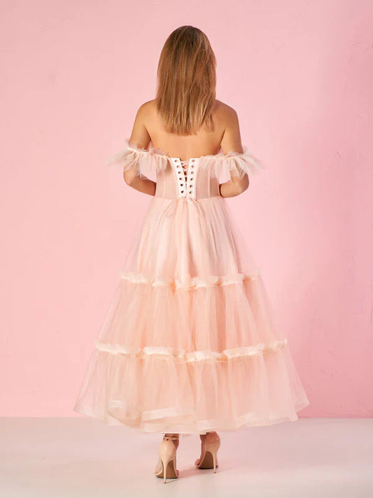 omberprom Elegant A-Line Evening Dress Corset Ruffled Tulle Prom Dress