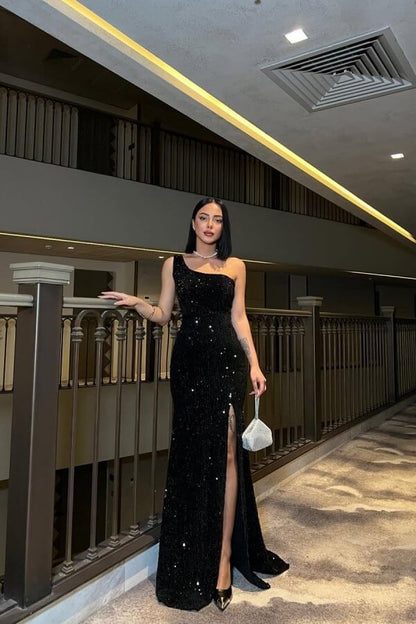 Fancy Black Sequined Maxi Dresses One Shoulder Split Prom Dress